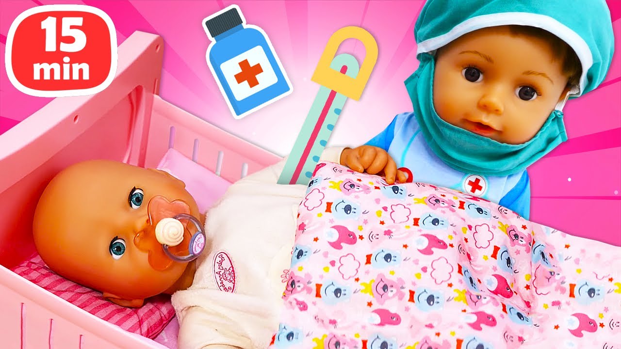 The baby doll has a rainy nose! How to look after crying baby born doll with your toys.