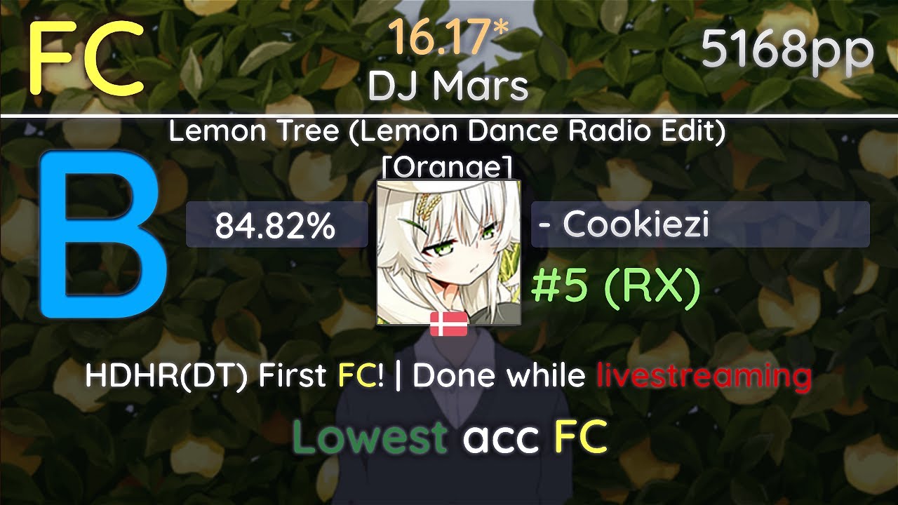 - Cookiezi | DJ Mars - Lemon Tree (Lemon Dance Edit) [Orange] +HDHR(DT) 84.82% | First FC 5168pp |