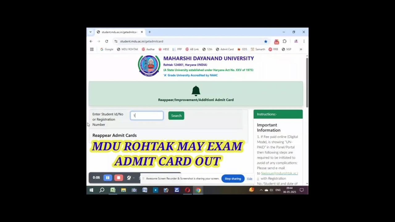 MDU ROHTAK REAPPEAR MAY EXAM ADMIT CARD OUT I May 2025 Exam Roll No Download Process #mdu #admitcard