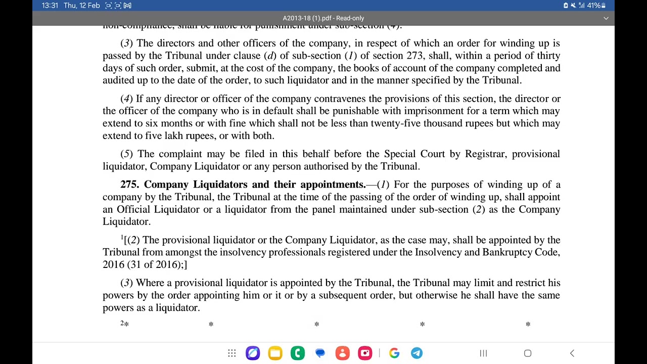 Companies Act 2013 Winding up Chapter 20, 27, and 28 important provisions 