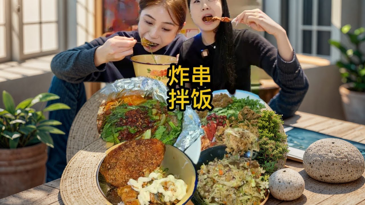 姐妹俩在美食城自制超美味炸串拌饭！热量炸弹的快乐谁懂呀～ #好好吃饭大赛 #炸串#你饿了吗