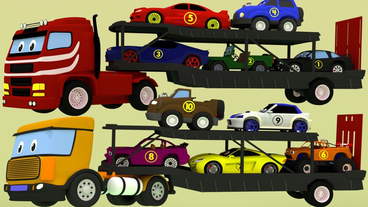 Car cartoons. Learn to count to 10 & learn colors. Semi truck auto transporter brought models of car