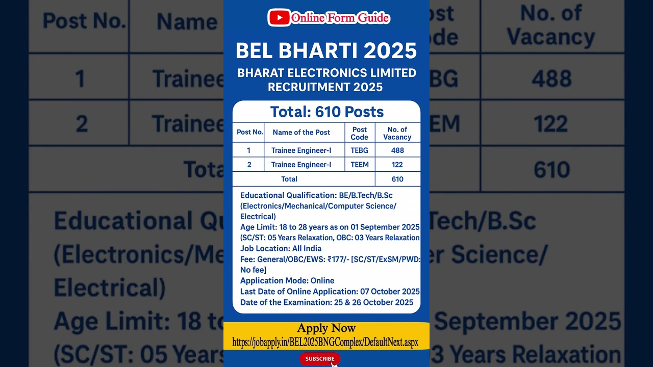 BEL Recruitment 2025 | BEL Bharti 2025 | 610 Trainee Engineer Vacancy | Apply Online #shorts #job