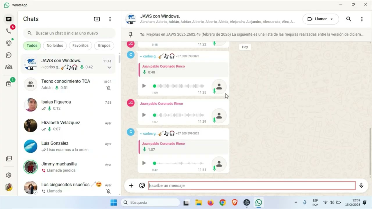 WhatsApp más fácil con JAWS de febrero 2026 y su script oficial