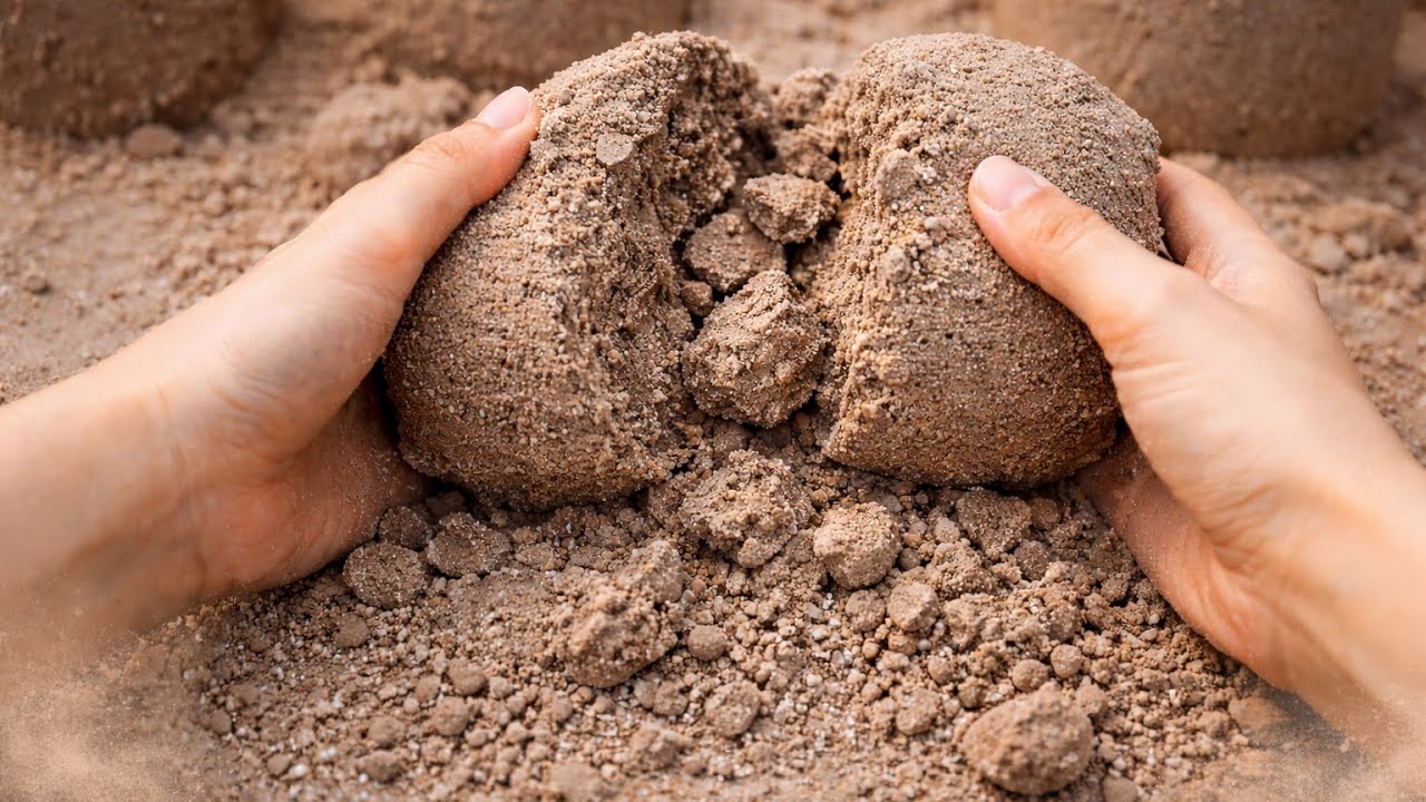 Gray gritty dirt texture crumbling dry floor crumbling ASMR video..