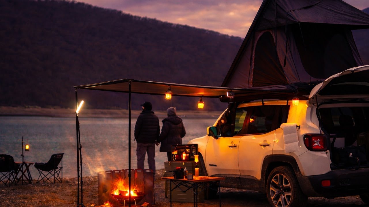 ყინვა, ტბა და კოცონი | ზამთრის ქემფინგი - ASMR | Silent Winter Camping | Warm Tent