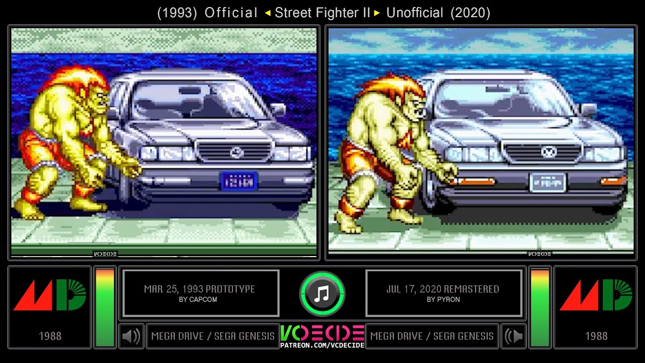 Prototype vs Remastered Version of Street Fighter II (Sega Genesis) Comparison - Dual Longplay