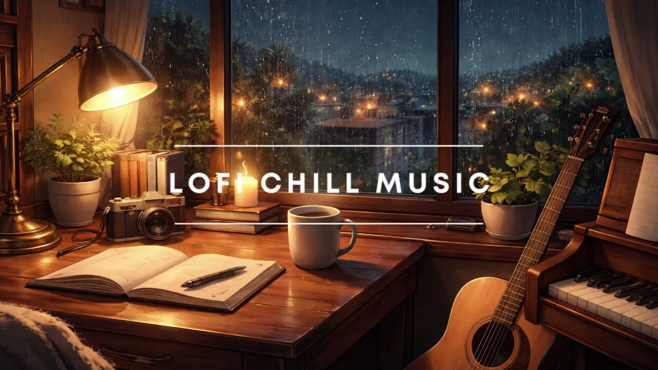 Coffee Desk Study Lofi ☕️ Cozy Night Anime Room — Piano & Guitar (No Rain Sounds)