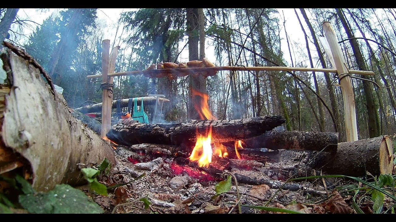 Solo bushcraft, without talking, cooking on fire, woodwork. Long version