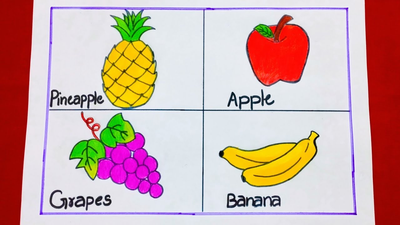 How To Draw Apple/Easy Fruits Drawing Method/Draw Pineapple/Draw  Banana/Draw Grapes