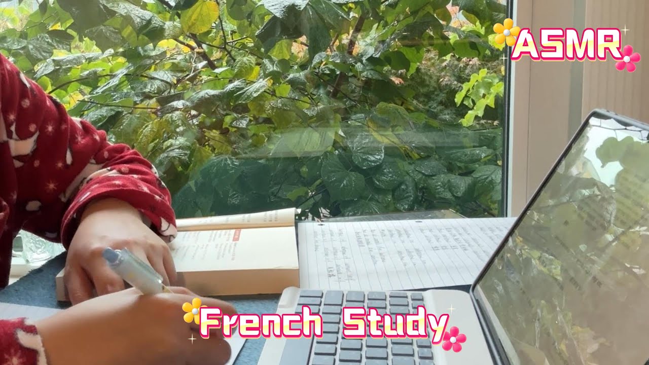 ASMR 54 minutes of studying French in a rainy day: whispers, rain sounds, typing.