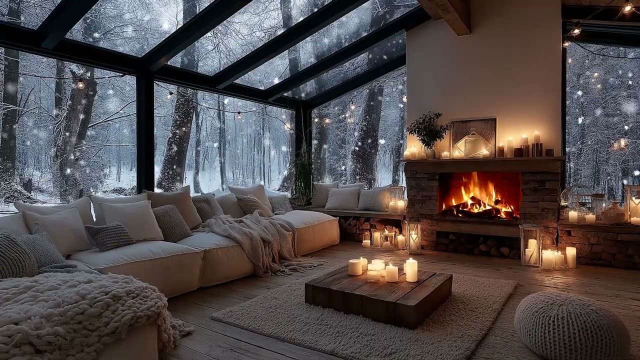 Snowfall Piano Nights — drifting snow, soft night piano and warm firelight for deep calm