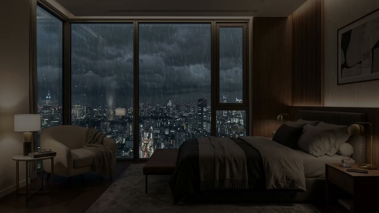 Soft City Rain 🌧️ Sliding Down A High Rise Bedroom Window While Neon Streets Glow 🏙️