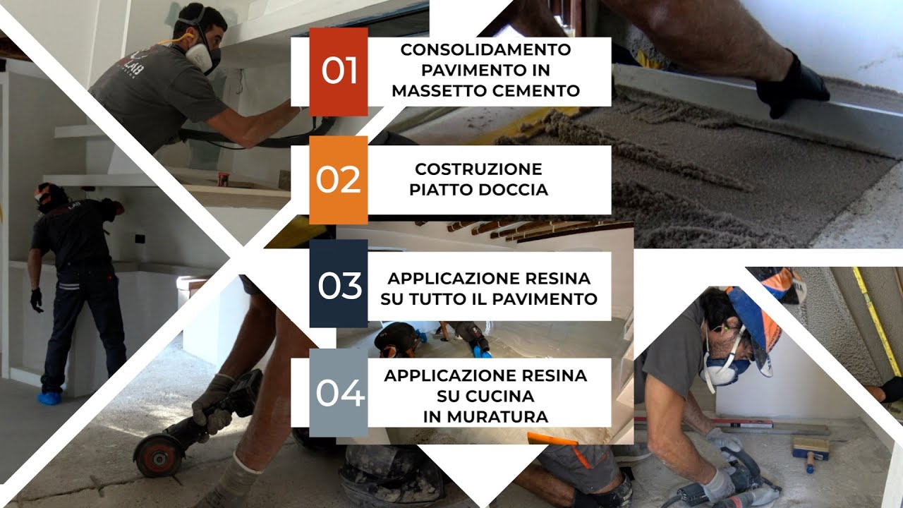 Ciclo applicativo su massetto in cemento, su cucina in muratura e costruzione piatto doccia.