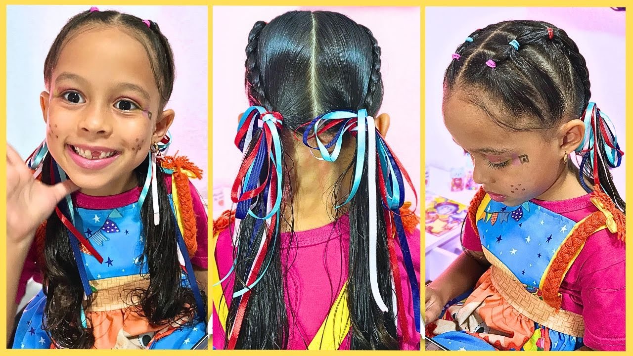 penteado junino infantil com fitas e tranças  🔥 penteado para festa junina