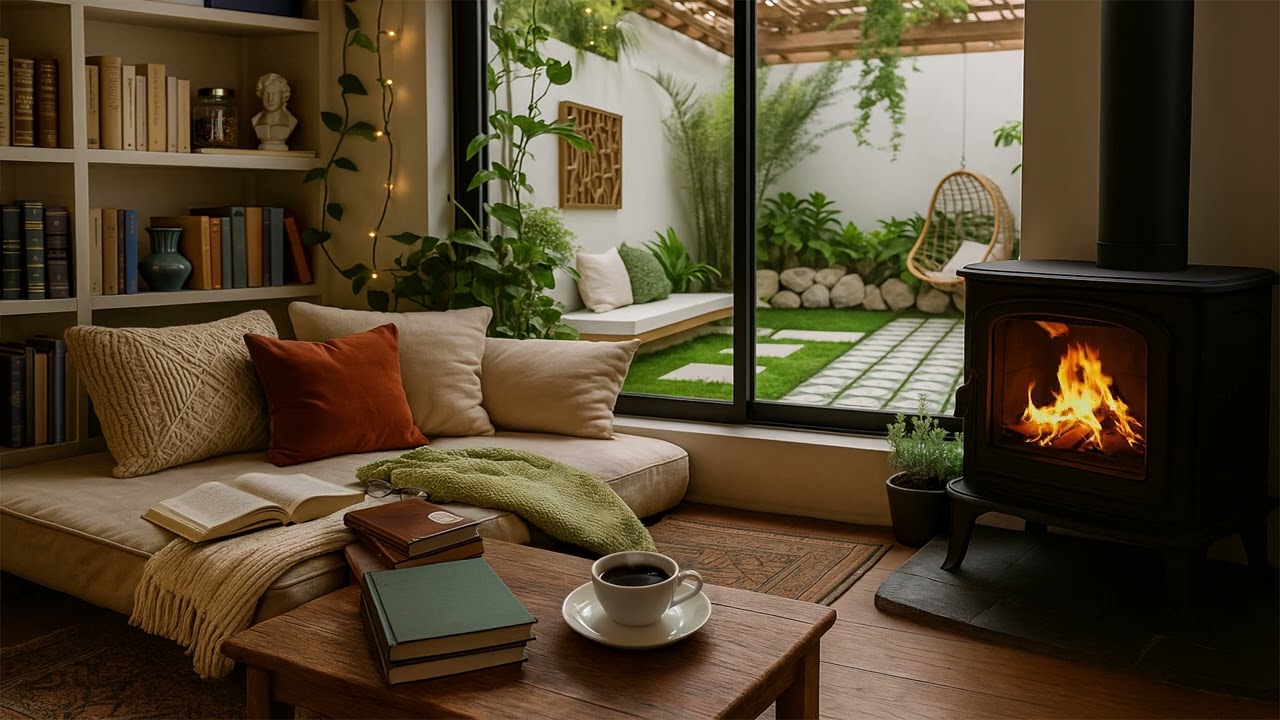 Cozy Reading Nook |  Home Library Fireplace Ambience | Peaceful Garden View with Fireplace Sounds