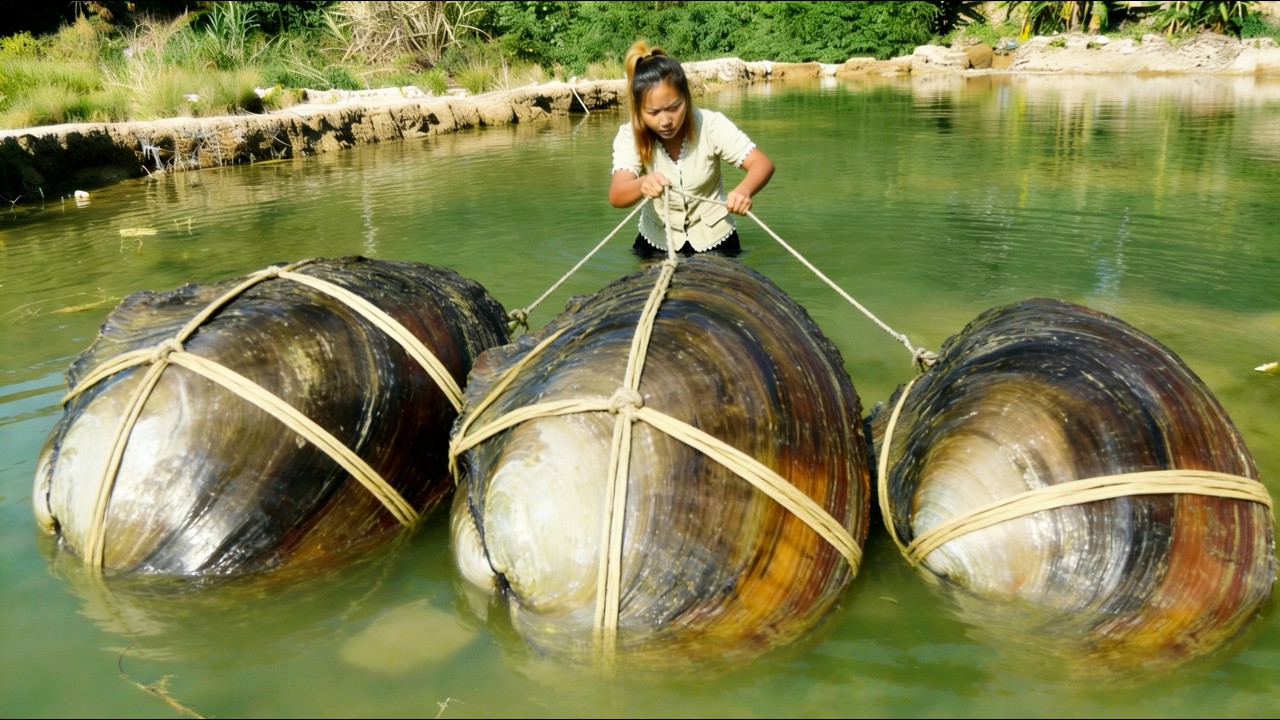 The girl happily dragged the oversized freshwater pearl clam and harvested exquisite treasures
