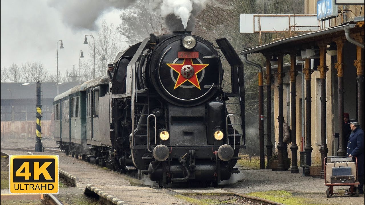 Parní lokomotiva 475.111 v Bakově nad Jizerou při natáčení filmu ČT 2.3.2019 (4K)
