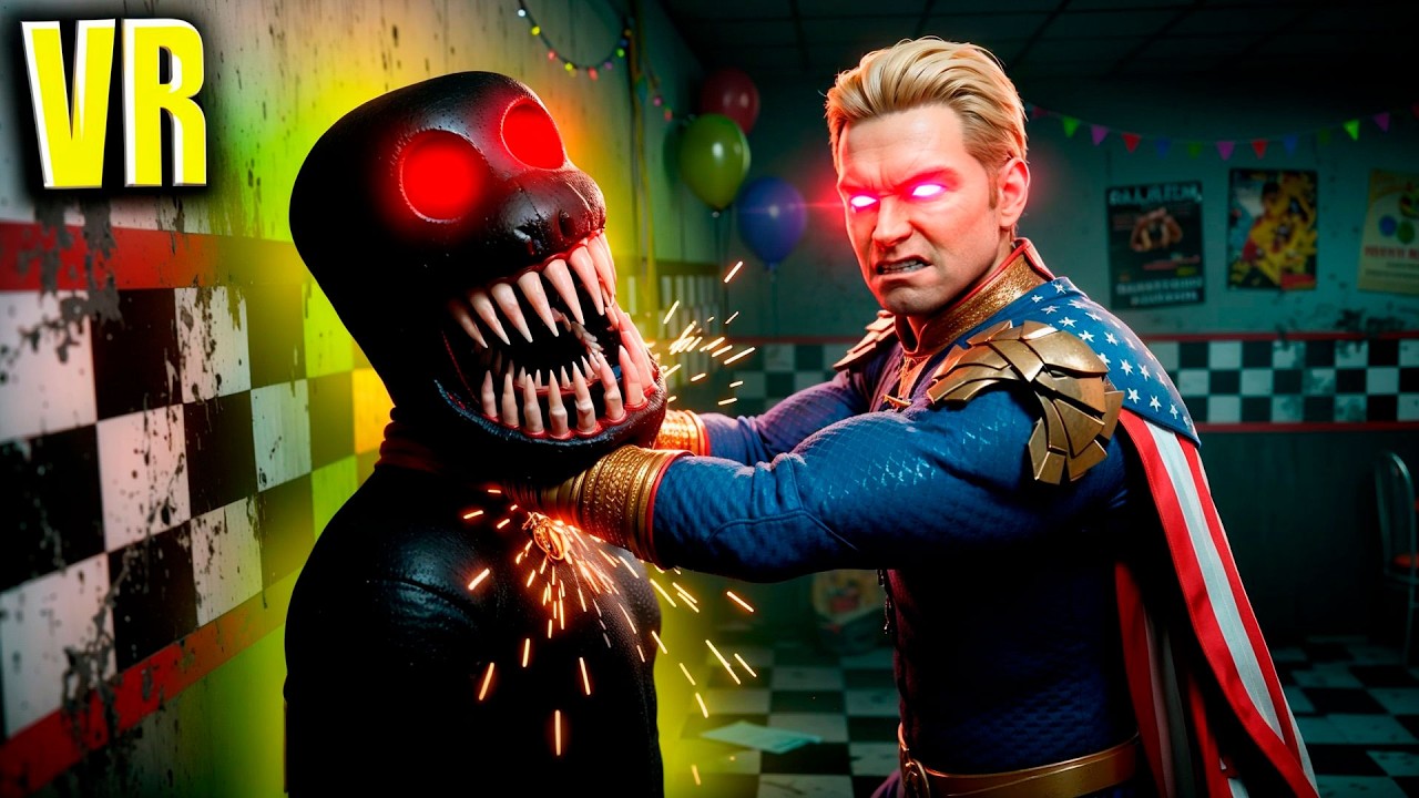VR Homelander protects a security guard from monsters at the FNAF BONELAB COOP pizzeria.