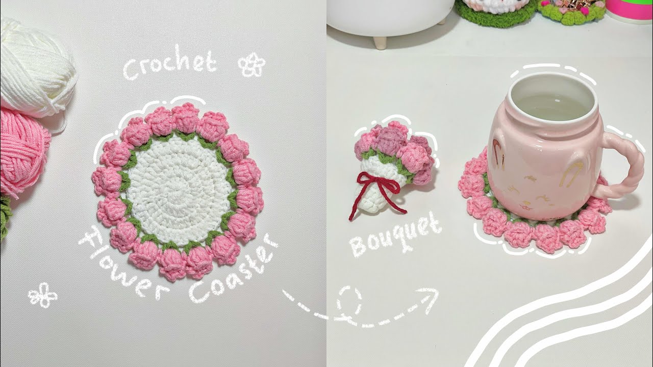 Crochet Flower Coaster tutorial 💐| Buket bunga jadi tatakan gelas mudah 