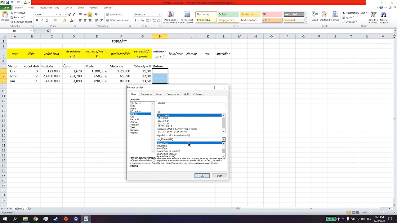 EXCEL Formáty údajov