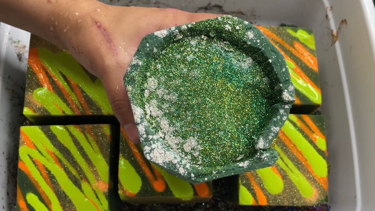 Glitter Bomb Crushed Over Green & Orange Damp Foam