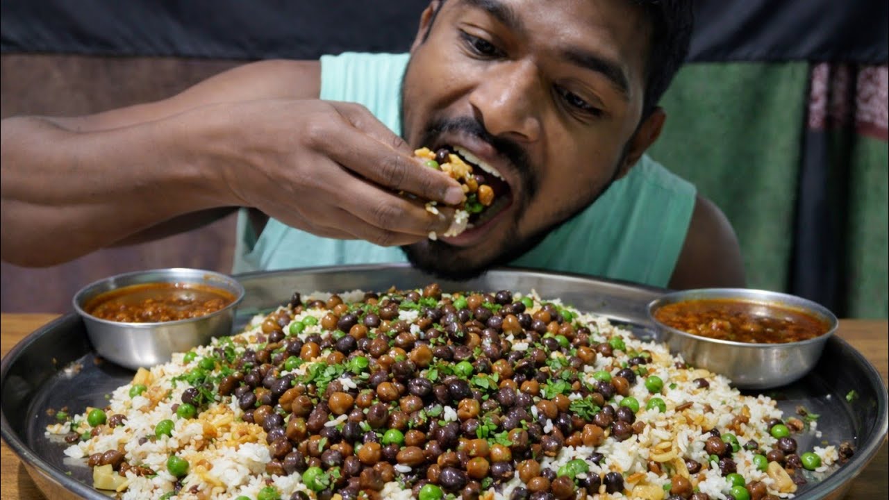 “देसी हाई प्रोटीन थाली मुकबांग 😋 | उबला आलू, ब्लैक चना, मटर और करी चावल बिग प्लेट”