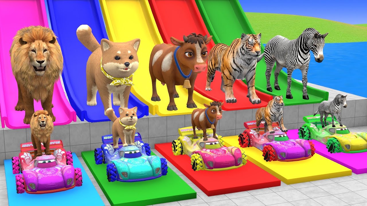 Long Slide Game With Cow Elephant Gorilla Hippopotamus Tiger - 3d Animal Game - Funny 3d Animals