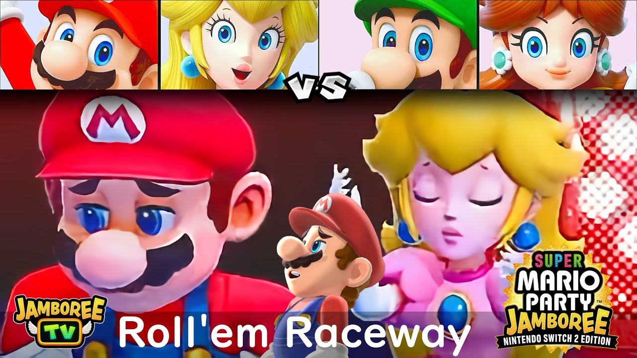 Super Mario Party Jamboree TV Mario and Peach vs Luigi and Daisy in Roll'em Raceway