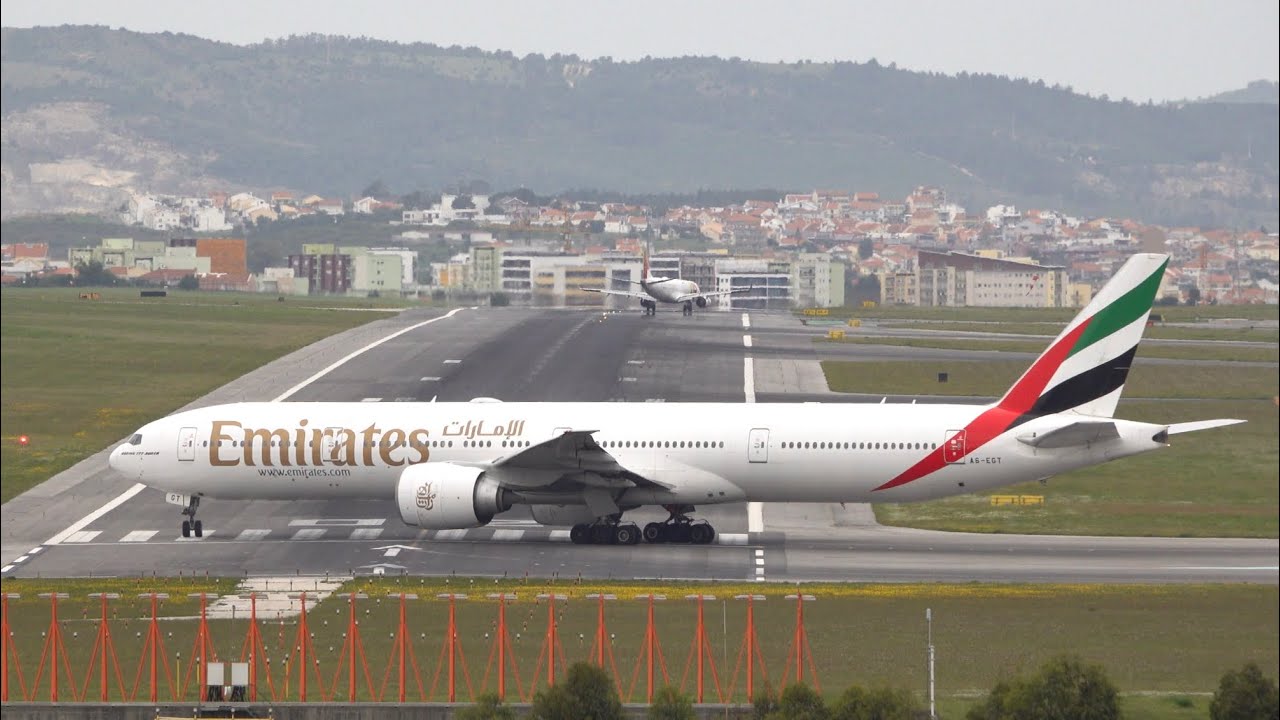 Emirates Boeing 777-300ER Takeoff at Lisbon Airport