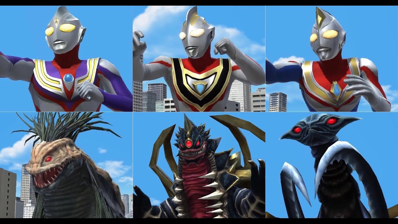 【ウルバト】ウルトラマンガイア＆ウルトラマンティガ＆ウルトラマンダイナvsキングオブモンス＆スキューラ＆バジリス▶︎▶︎▶︎超時空の大決戦【通常攻撃＆必殺技モーションまとめ】