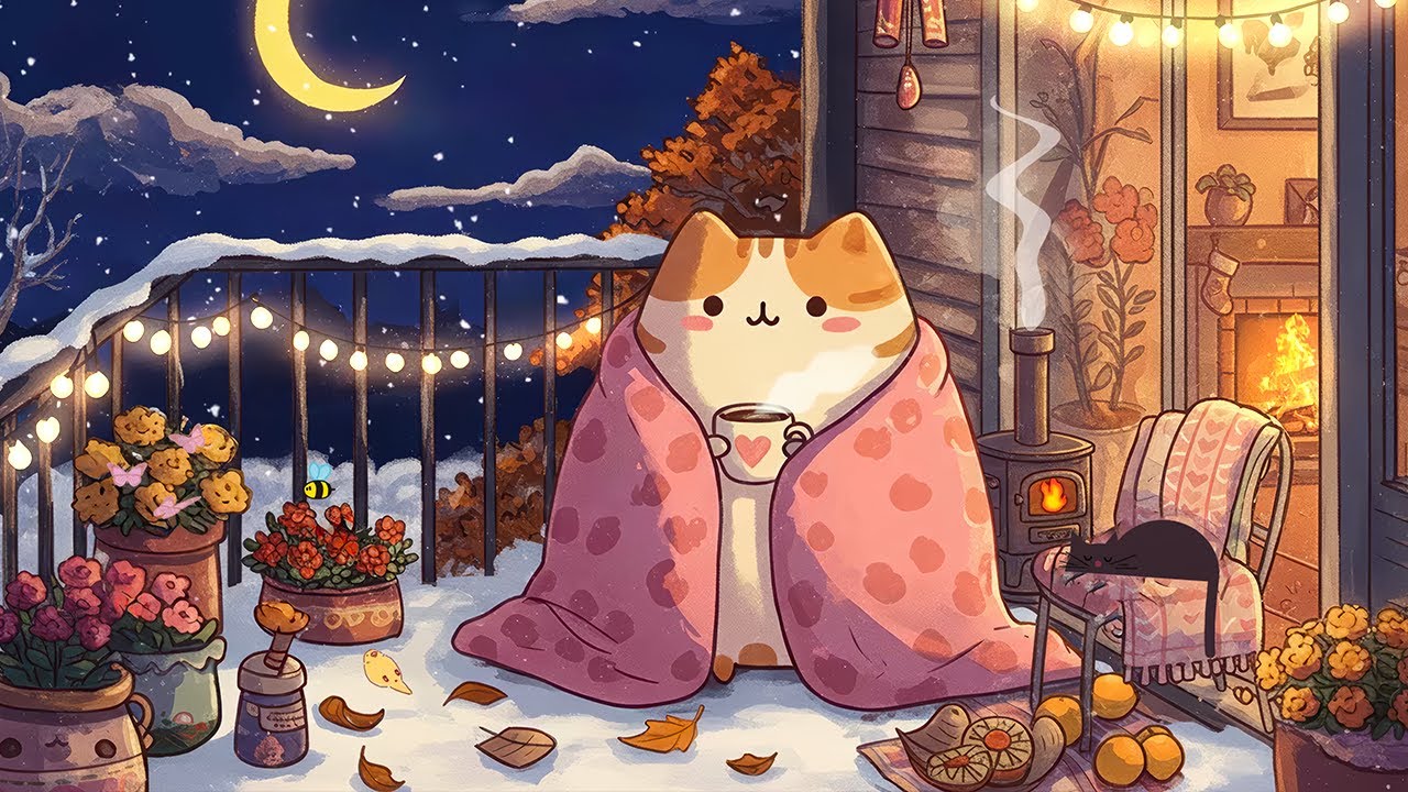 Cozy Balcony Night with Lofi Cat 🐾 Winter Lofi 🎧 Gentle Lofi Beats for Peaceful Reading & Sleep