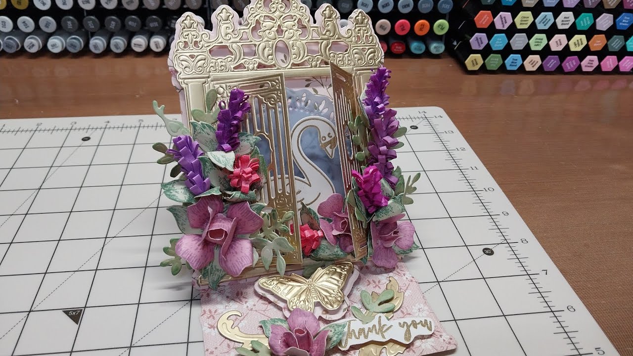 Anna Griffin 3d Gate die, Diamond Press Swan lake stamp set, and AG molded flowers
