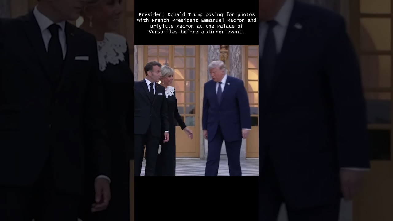 President Trump posing for photos with French President Emmanuel Macron and Brigitte Macron
