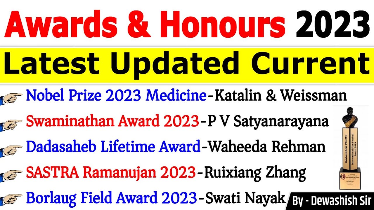 Awards and Honours 2023 Current Affairs | पुरस्कार एवं सम्मान 2023 | Jan to Sep 2023 #awards2023