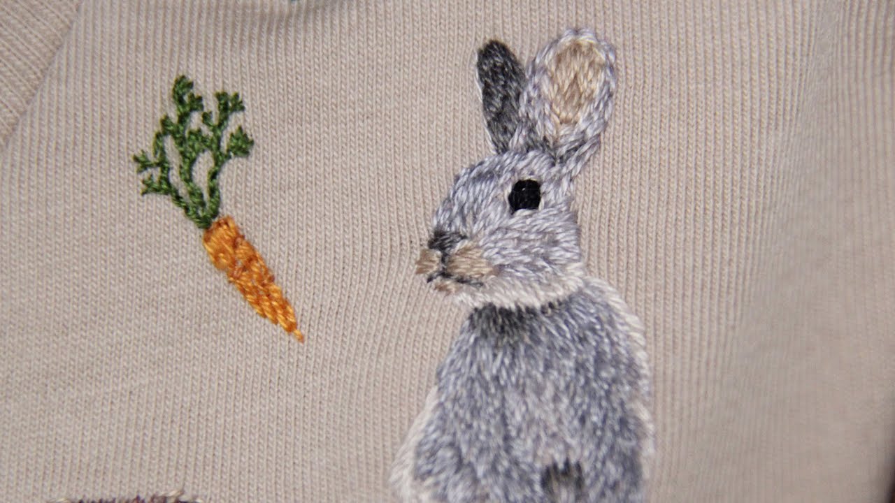 Hand embroidery tutorial. How to embroider Rabbit. Вышивка гладью на одежде.