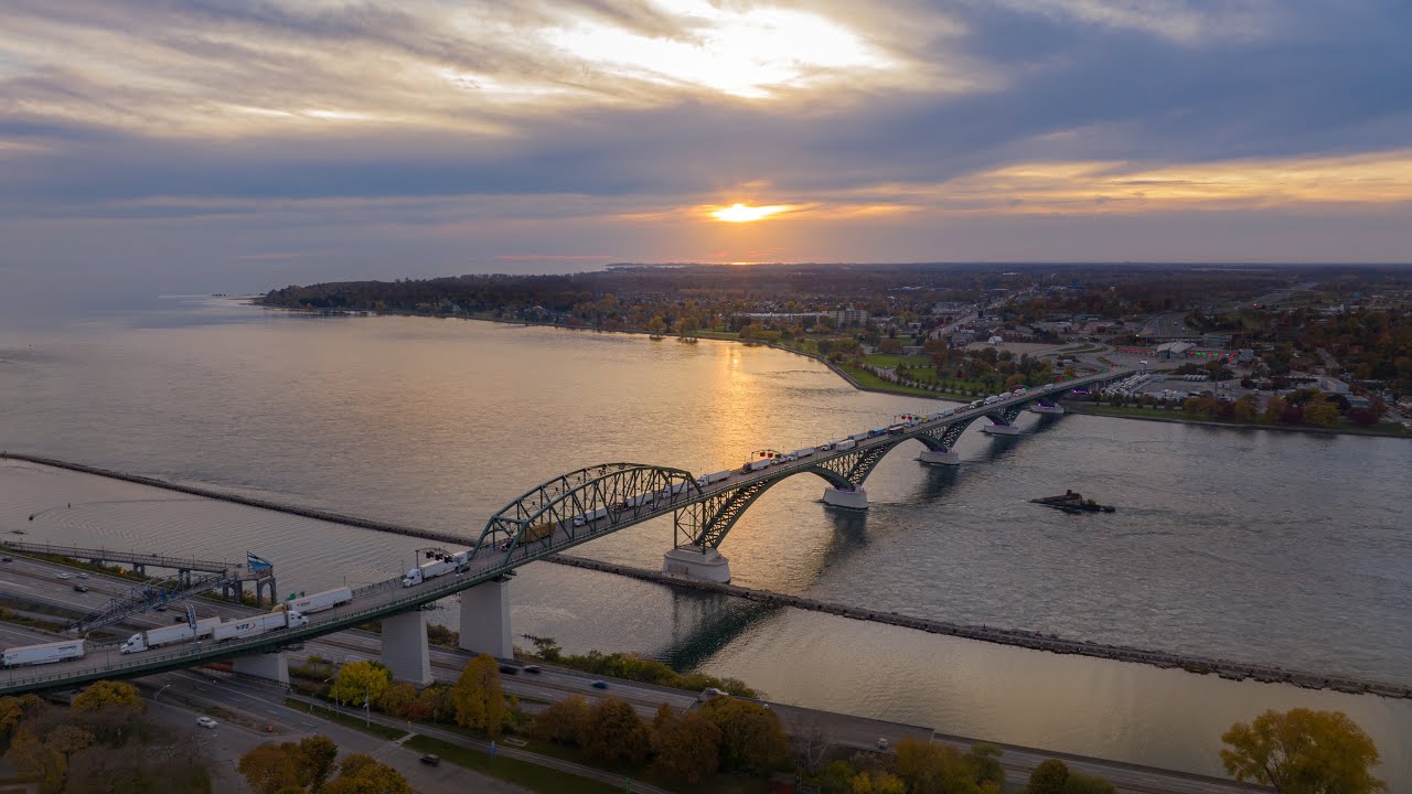 4k Drone Peace Bridge from Buffalo, New York to Ontario, Canada