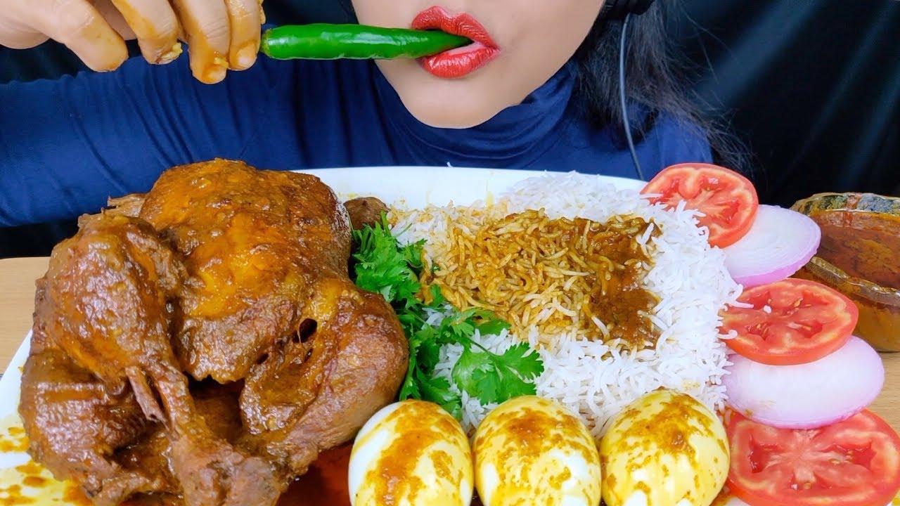 ASMR:EATING WHOLE CHICKEN CURRY AND EGGS WITH BASMATHI RICE/WHITE RICE l BIG BITES l *FOOD VIDEOS*