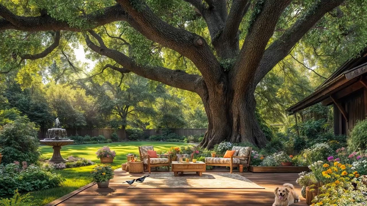 ☀️4K Tranquil Backyard Under the Grand Oak | Gentle Fountain, Birds & Summer Breeze for Relaxation🌳