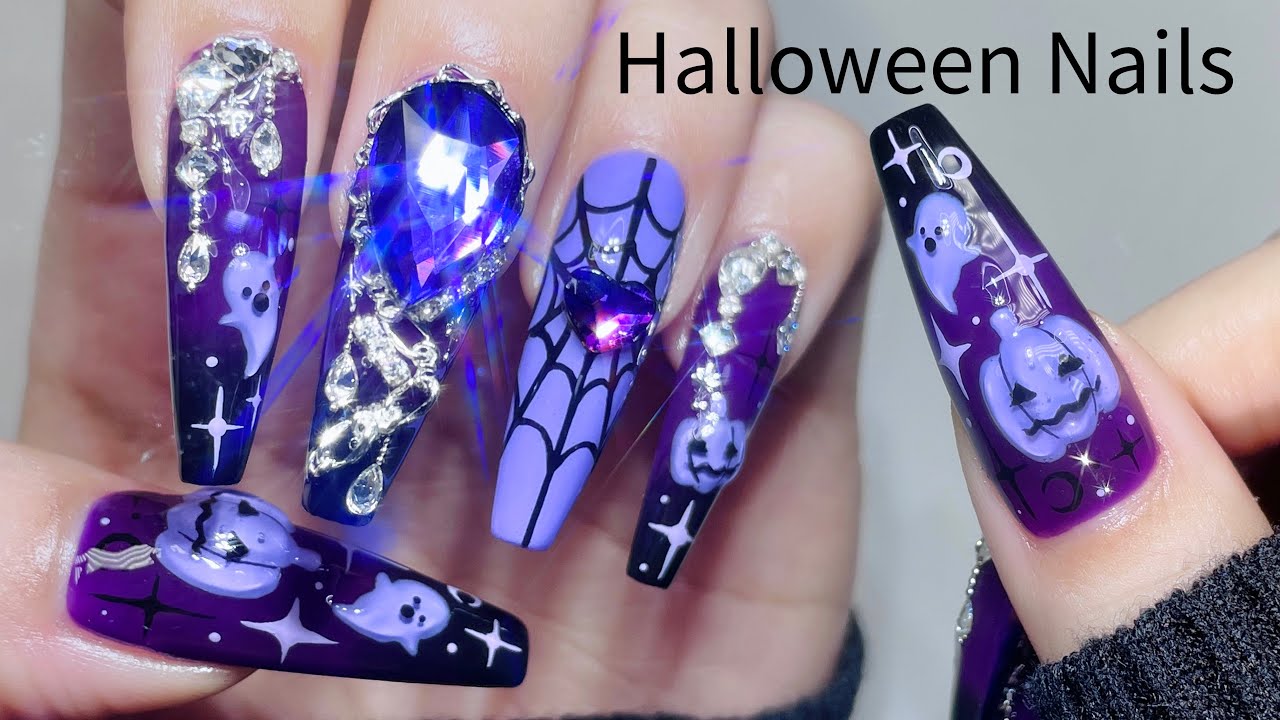 Фиолетовые Хэллоуин-ногти 🎃👻 Как создать 3D-тисненый рисунок! Нейл-арт / Нейл ASMR