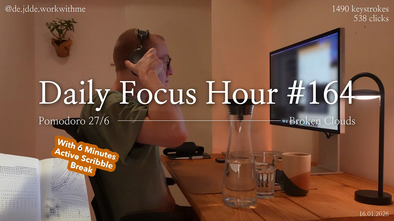 Daily Focus Hour | 2026-01-16T04:42:10 | Work With Me |Pomodoro 27/6| Partly Cloudy⛅ +Typing&Timer