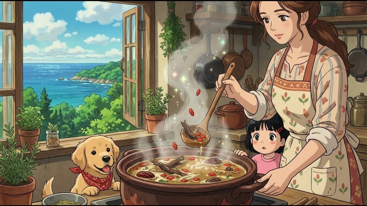 Healing Solitary Island Life, Harvesting Herbs & Making Sukiyaki | Ghibli style