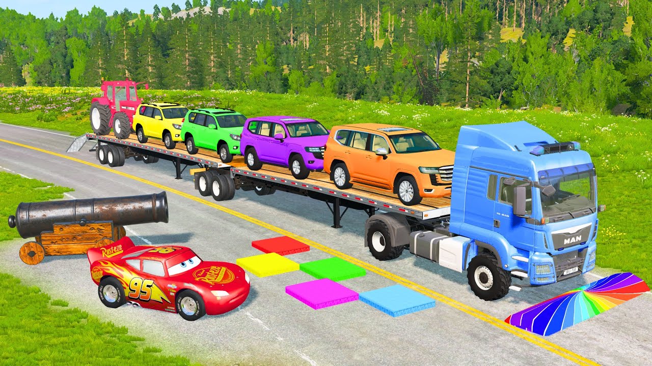 Flatbed Truck Mcqueen | Transportation with Truck - Pothole vs Car #163 - BeamNG.Drive