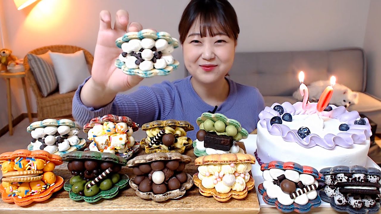 뚱뚱한 조개마카롱과 행복해 블루베리 케이크 먹방 Korean Macaron Blueberry Cream Cake Mukbang Eatingsound