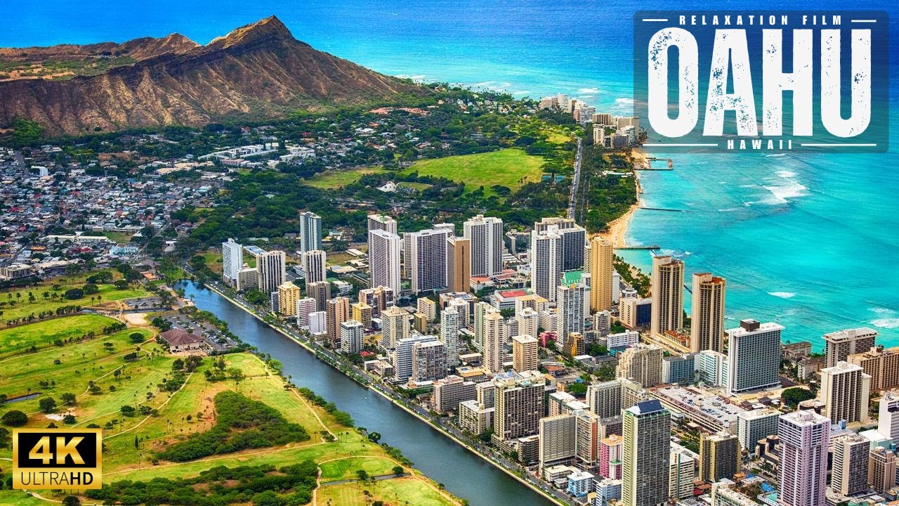 4K Oahu Hawaii 🇺🇸 Relaxation Drone Footage with Ambient Music  Honolulu & Waikiki Soothing Aerial HD