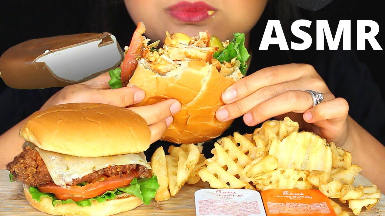 ASMR Chick-fil-A SPICY CHICKEN SANDWICH, WAFFLE FRIES, MAGNUM ICE CREAM BARS Eating Sounds MUKBANG