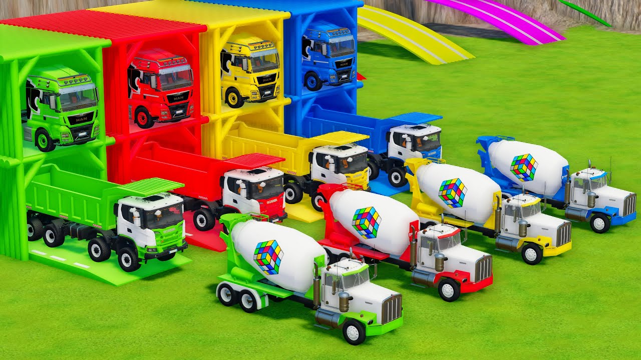 Garage with Colors - ALL MIXER TRUCK WITH DOUBLE FLATBED TRAILER TRUCK, MAN, SCANIA, KENWORTH - FS22