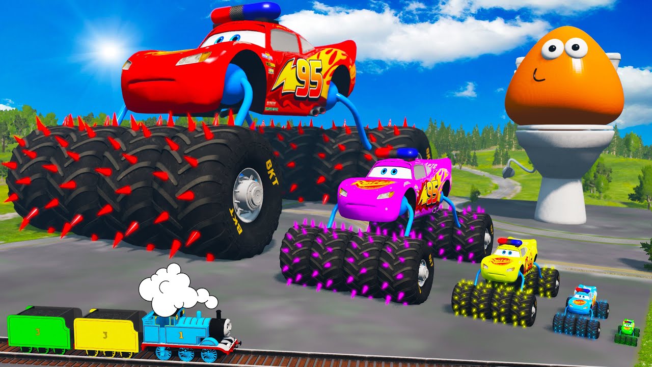 Big & Small McQueen Police with Spiked Monster Wheels vs Train - Long Stairs vs Slide Color - BeamNG