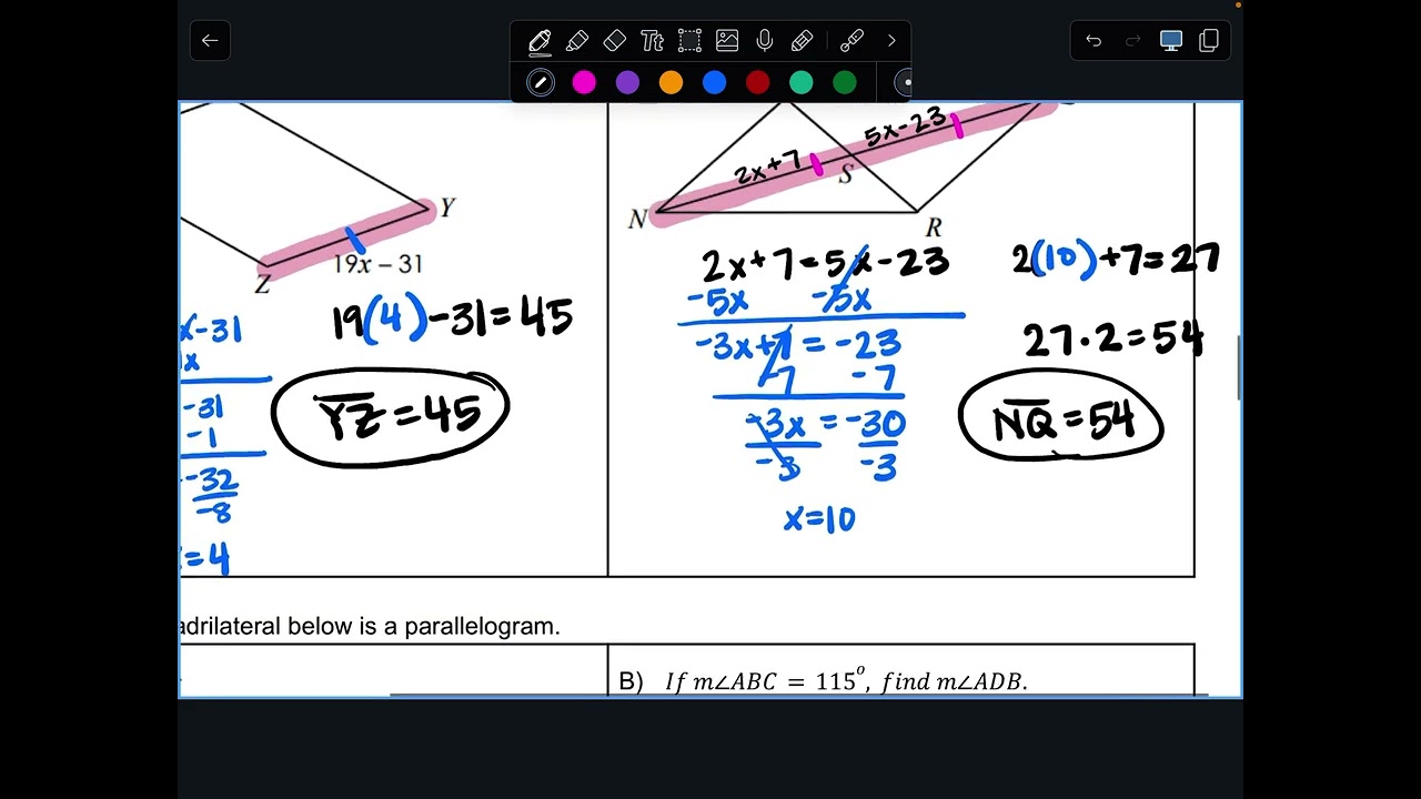 Missing lengths and angles in a parallelogram with algebraic expressions
