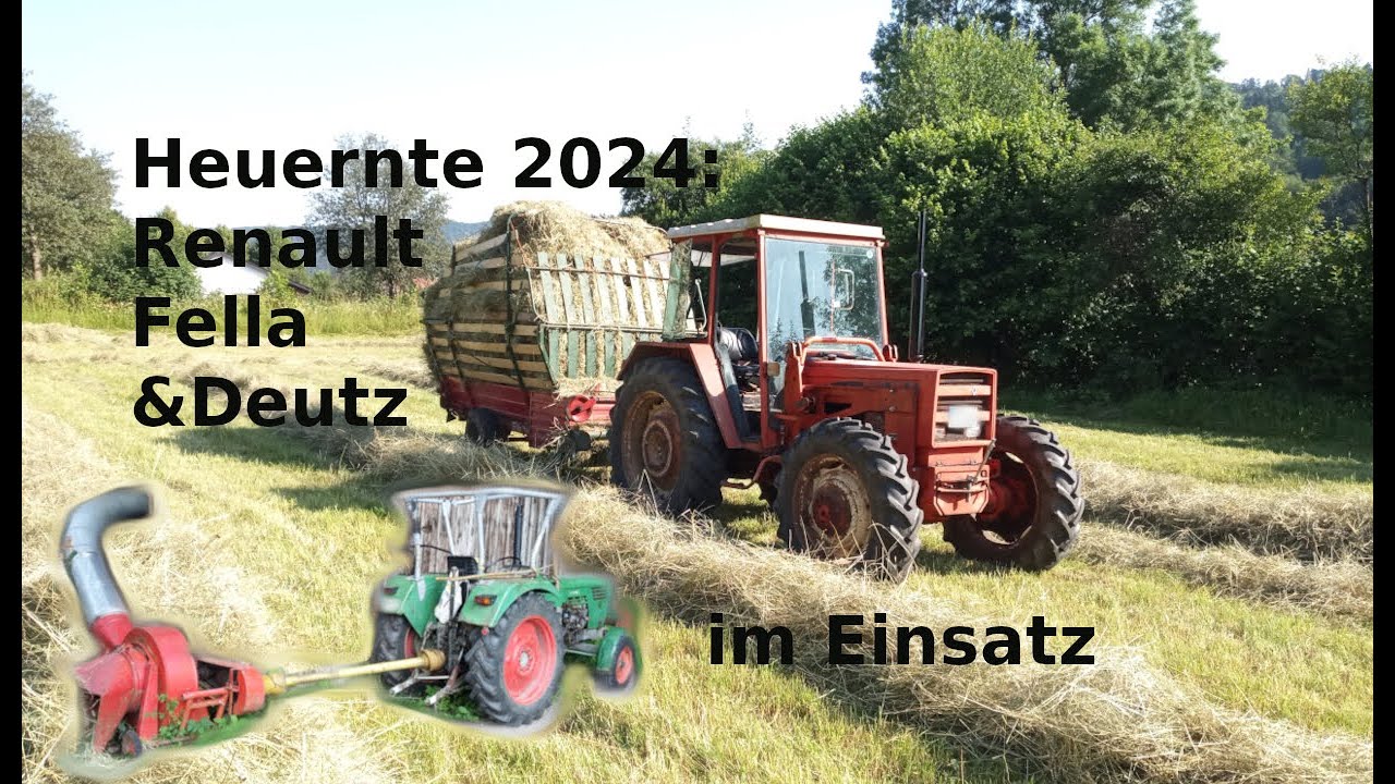 Heuernte 2024: Renault 641 mit Ladewagen und Deutz 4006 am Gebläse im Einsatz